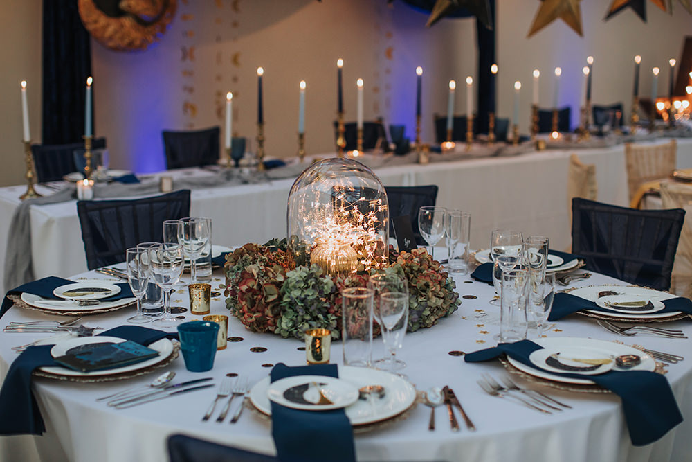 Tablescape Table Decor Hanging Suspended Blue Gold Terrarium Moon Stars Wedding Ideas Olegs Samsonovs Photography