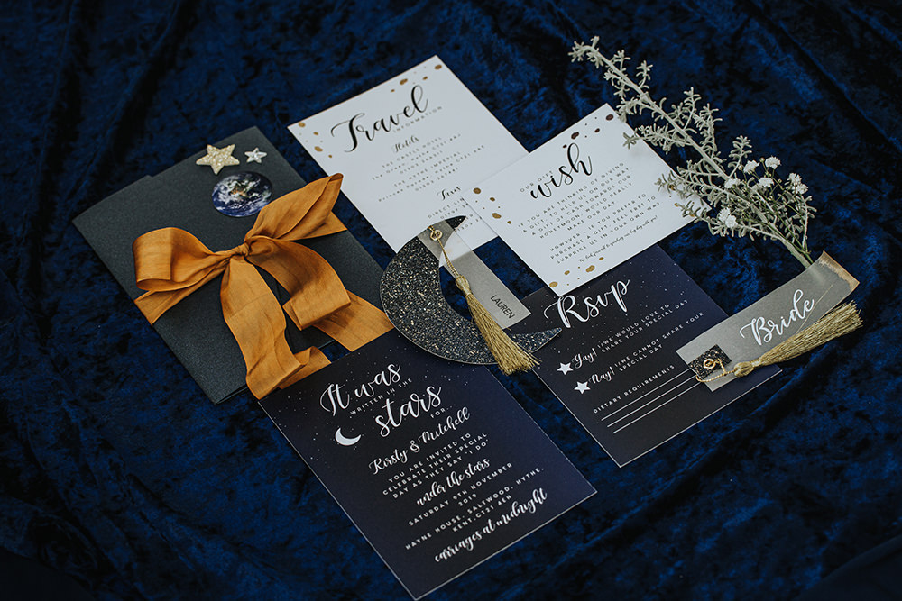Celestial Stationery Invites Invitations Suite Flat Lay Blue Mustard Moon Stars Wedding Ideas Olegs Samsonovs Photography