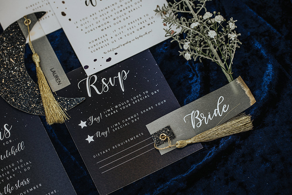 Celestial Stationery Invites Invitations Suite Flat Lay Blue Mustard Moon Stars Wedding Ideas Olegs Samsonovs Photography