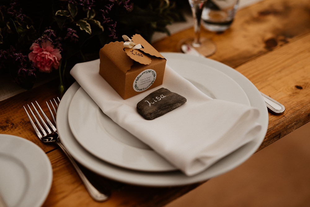 Place Setting Place Name Decor Pebble Favour Box North Cornwall Wedding Taylor-Hughes Photography