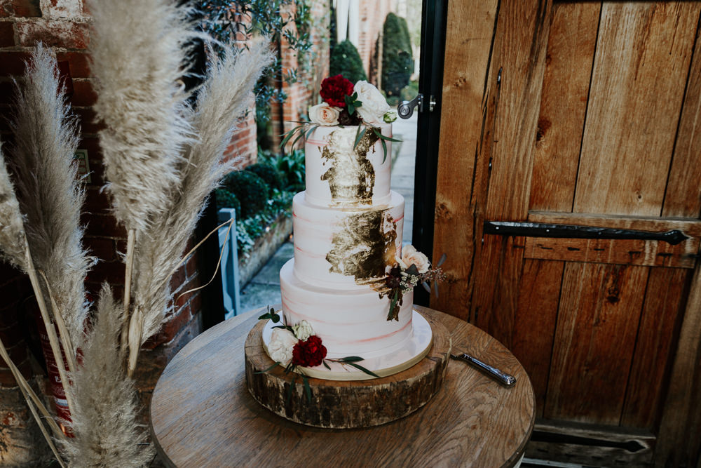 Cake Gold Leaf Log Stand Flowers Shustoke Barn Wedding Oxi Photography