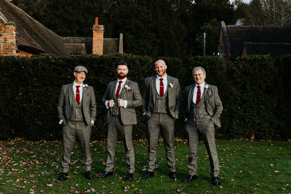 Groomsmen Groom Suit Grey Red Burgundy Tie Shustoke Barn Wedding Oxi Photography