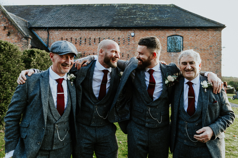 Groomsmen Groom Suit Grey Red Burgundy Tie Shustoke Barn Wedding Oxi Photography