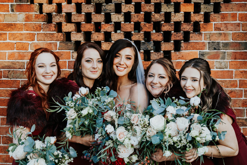 Bouquet Flowers Bride Bridal Protea Blush Rose Greenery Foliage Bridesmaids Shustoke Barn Wedding Oxi Photography