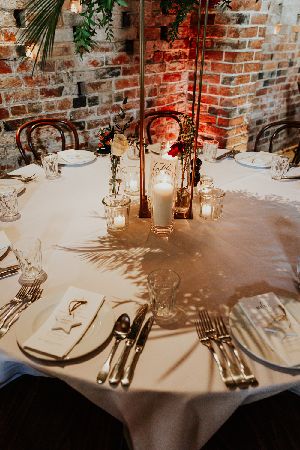 Centrepiece Tall Flowers Candles Decor Round Tables Shustoke Barn Wedding Oxi Photography