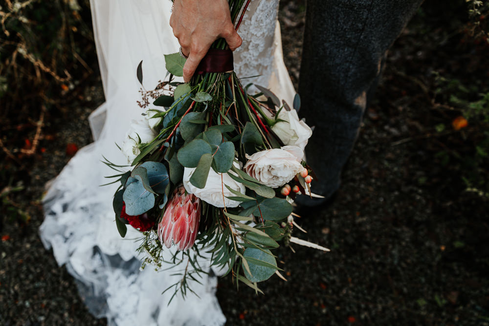Bouquet Flowers Bride Bridal Protea Blush Rose Greenery Foliage Shustoke Barn Wedding Oxi Photography