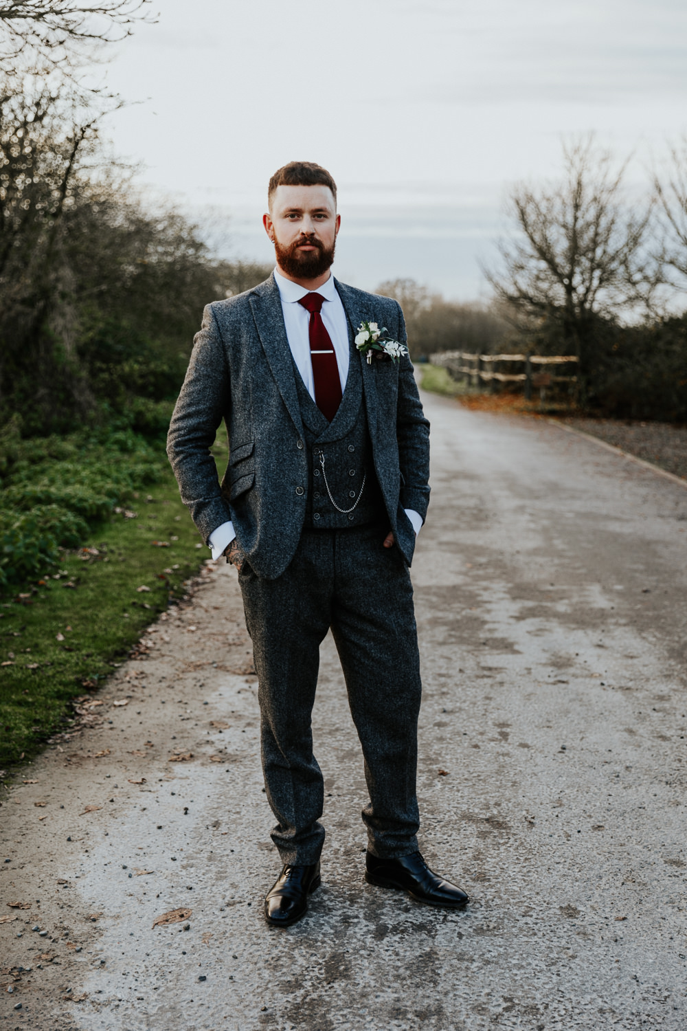 Groom Suit Grey Red Burgundy Tie Shustoke Barn Wedding Oxi Photography