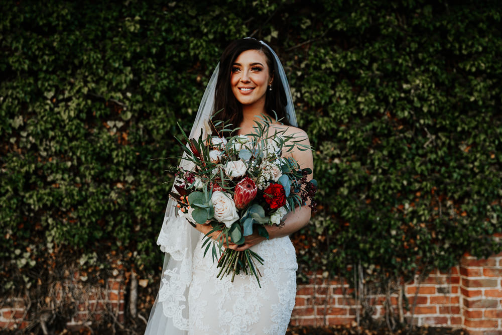 Bouquet Flowers Bride Bridal Protea Blush Rose Greenery Foliage Shustoke Barn Wedding Oxi Photography