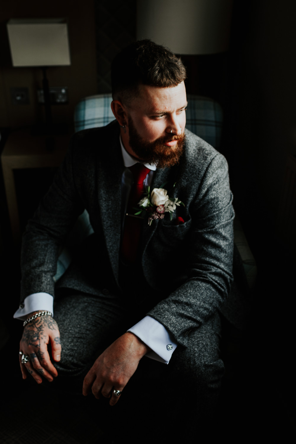 Groom Suit Grey Red Burgundy Tie Shustoke Barn Wedding Oxi Photography