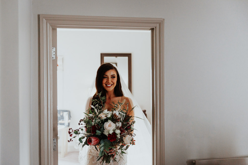 Bouquet Flowers Bride Bridal Protea Blush Rose Greenery Foliage Shustoke Barn Wedding Oxi Photography