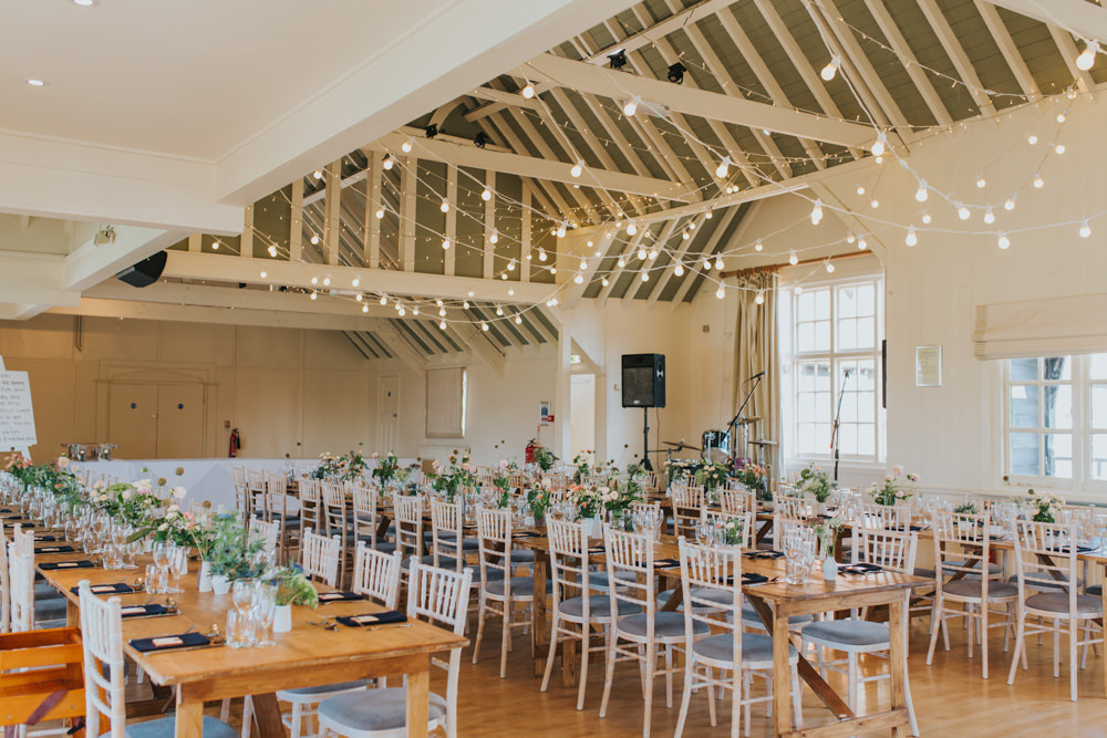 Long Tables Festoon Lights Flowers Barn Hall Thorpeness Country Club Wedding Charlotte Razzell Photography