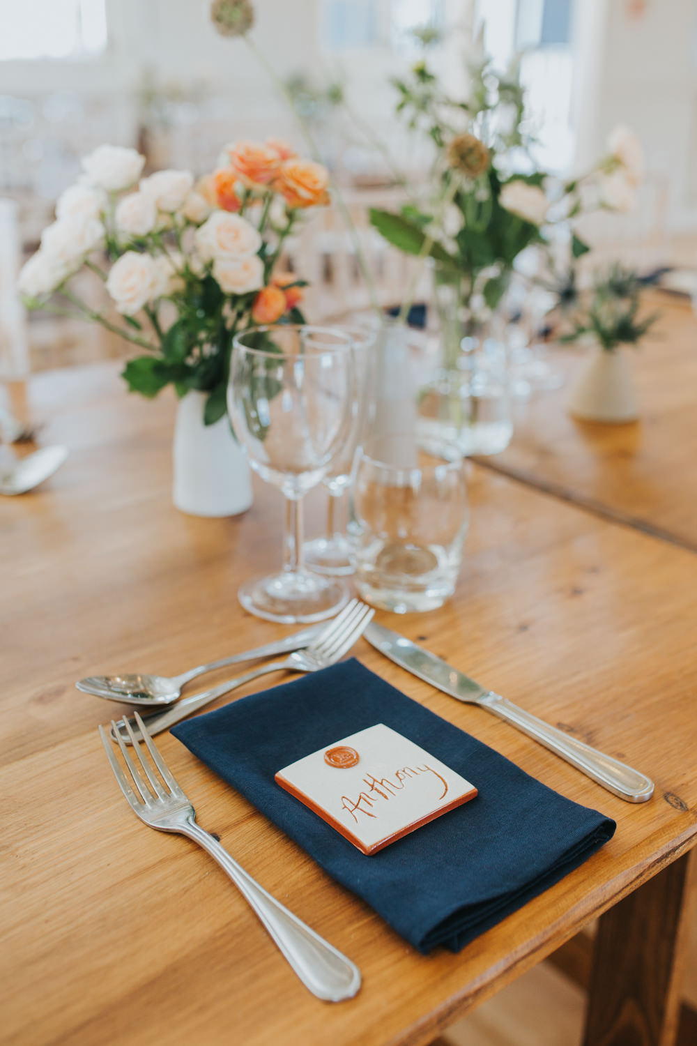 Place Setting Decor Navy Napkin Calligraphy Place Name Card Copper Wax Seal Coaster Favour Thorpeness Country Club Wedding Charlotte Razzell Photography