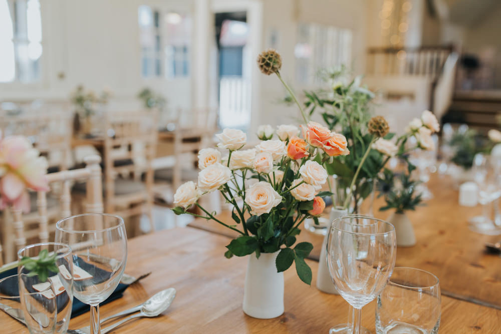 Table Flowers Jugs Centrepiece Rose Daliah Thorpeness Country Club Wedding Charlotte Razzell Photography