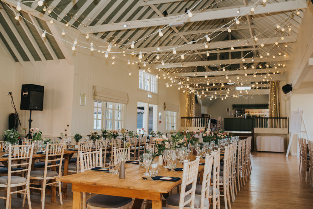 Long Tables Festoon Lights Flowers Barn Hall Thorpeness Country Club Wedding Charlotte Razzell Photography