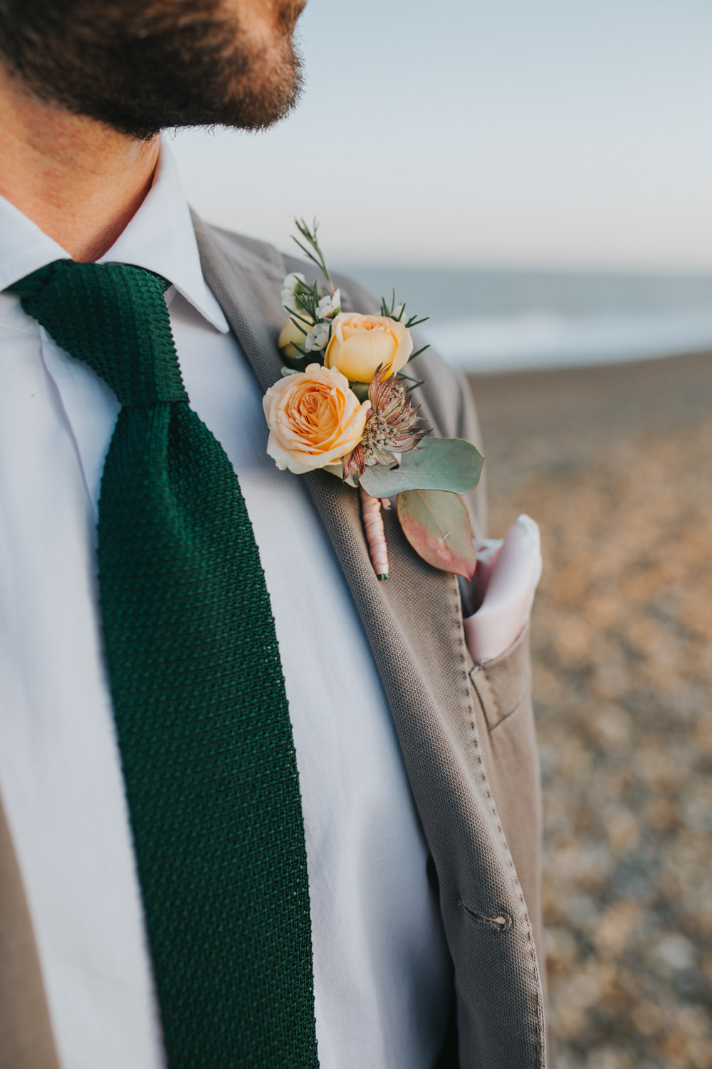 Groom Suit Grey Green Tie Buttonhole Flowers Thorpeness Country Club Wedding Charlotte Razzell Photography