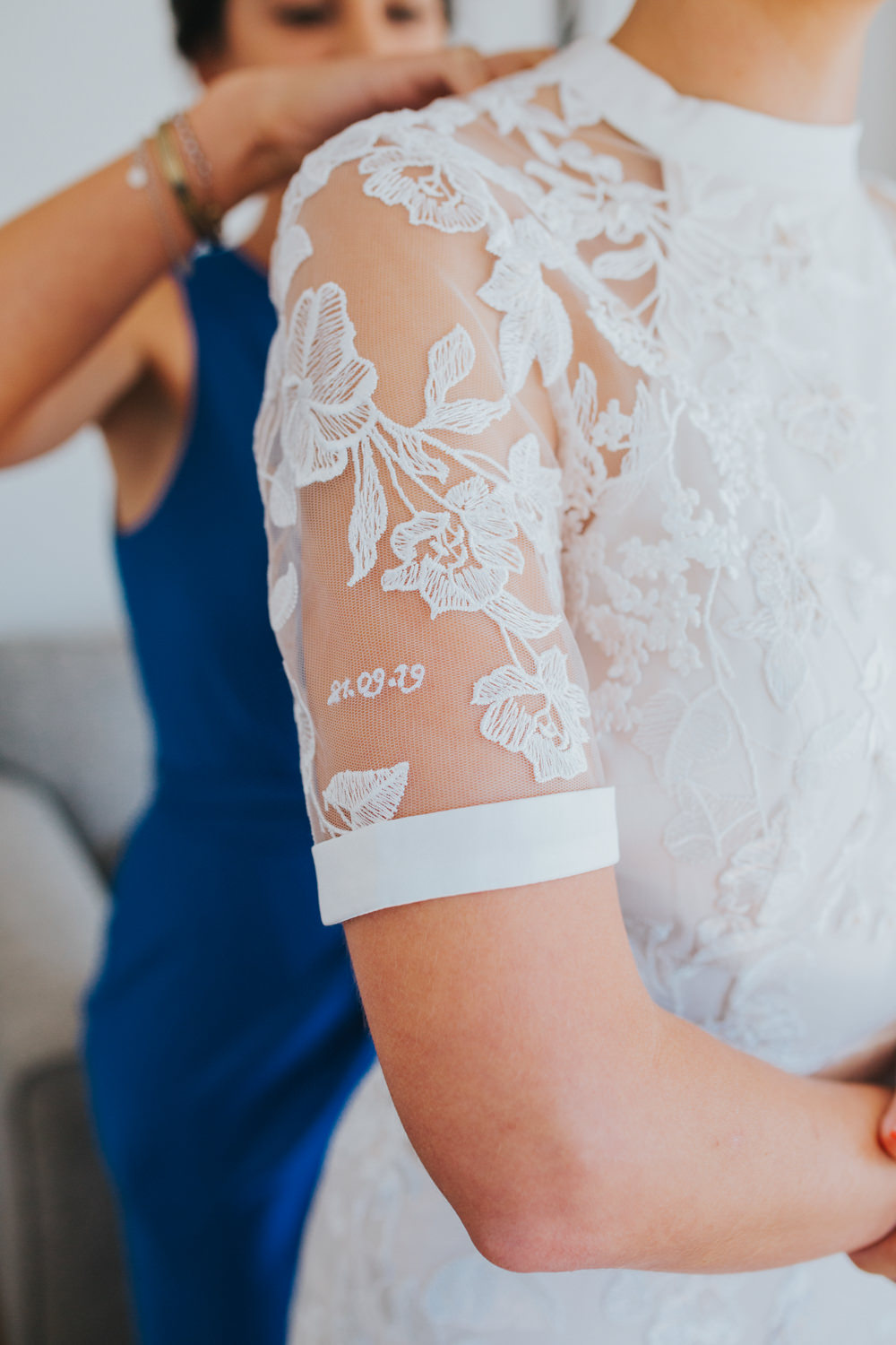 Dress Gown Bride Bridal Lace Sleeves Phase Eight Personalised Embroidered Thorpeness Country Club Wedding Charlotte Razzell Photography