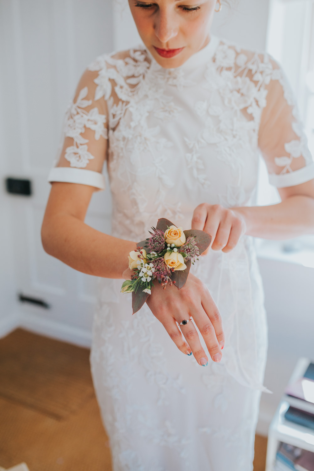 Dress Gown Bride Bridal Lace Sleeves Phase Eight Personalised Embroidered Wrist Corsage Thorpeness Country Club Wedding Charlotte Razzell Photography