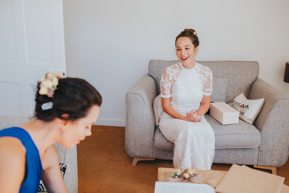 Dress Gown Bride Bridal Lace Sleeves Phase Eight Personalised Embroidered Thorpeness Country Club Wedding Charlotte Razzell Photography