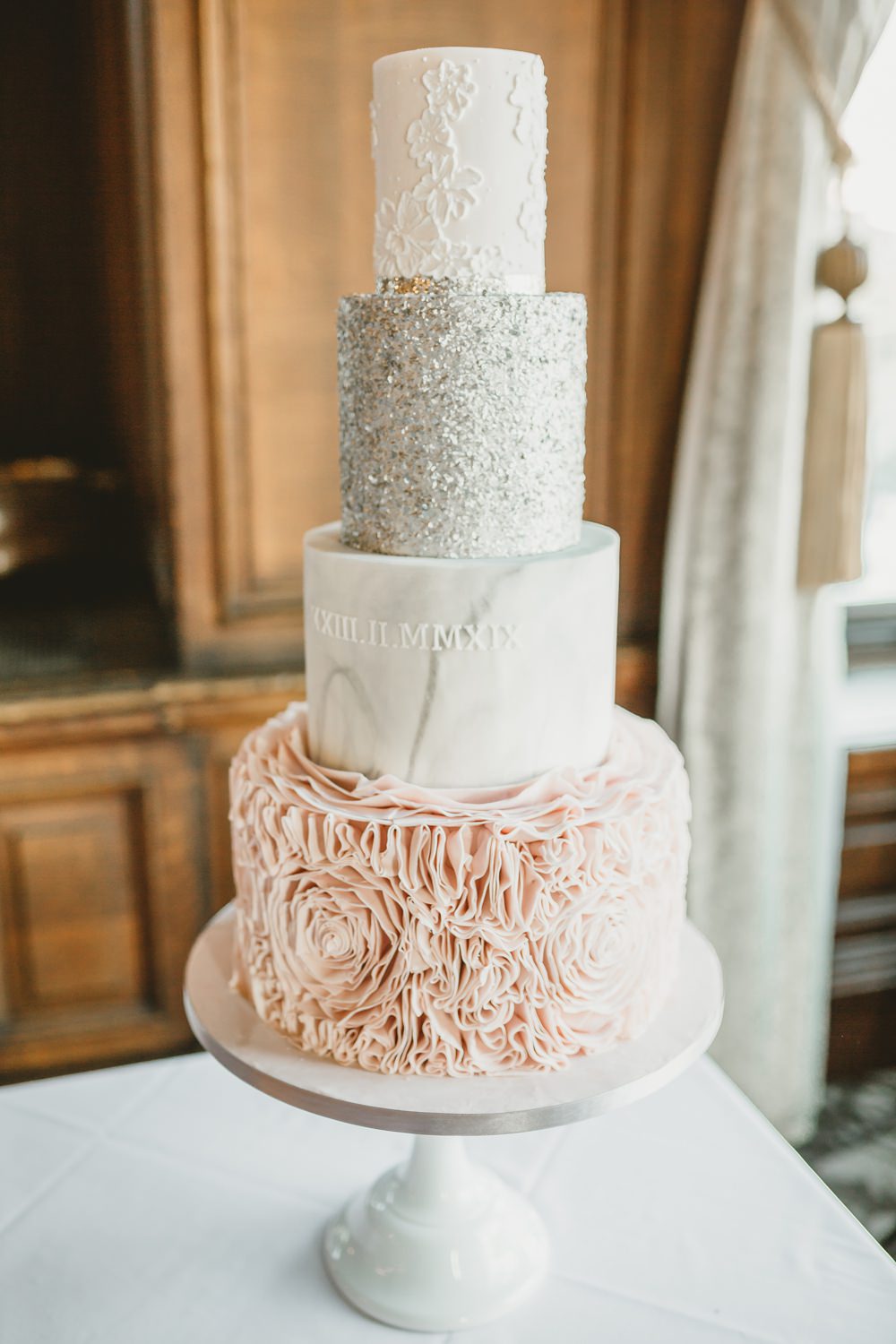 Cake Ruffle Pink Glitter Marble York Minster Wedding Amy Lou Photography