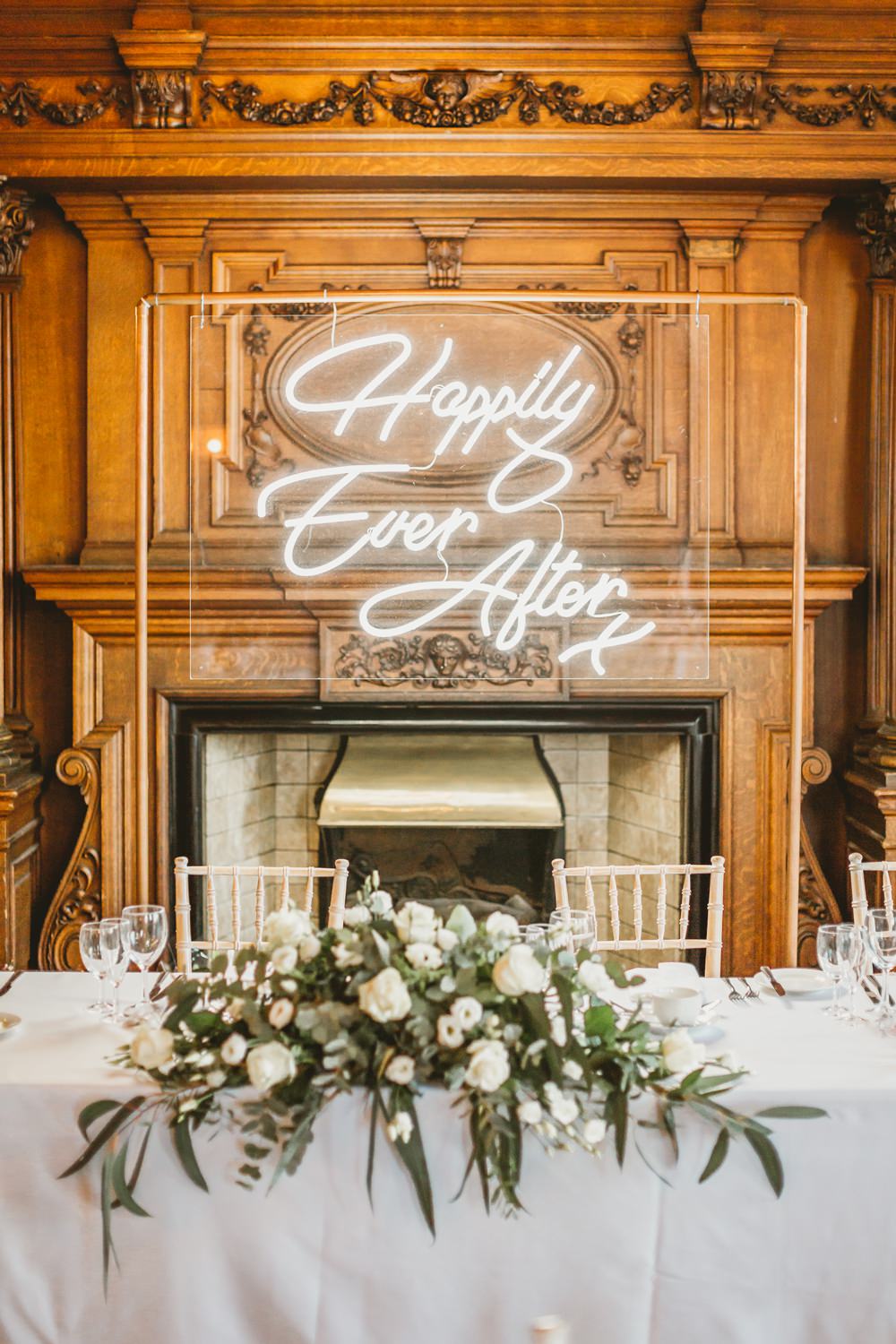 Neon Sign Backdrop Top Table Flowers York Minster Wedding Amy Lou Photography