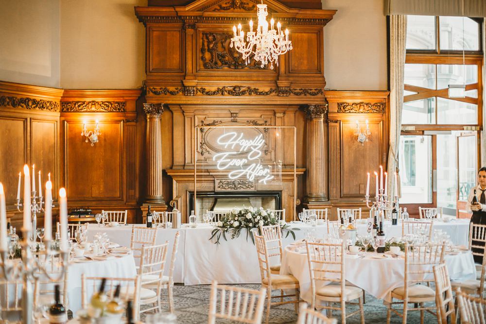 Neon Sign Backdrop Top Table Flowers York Minster Wedding Amy Lou Photography