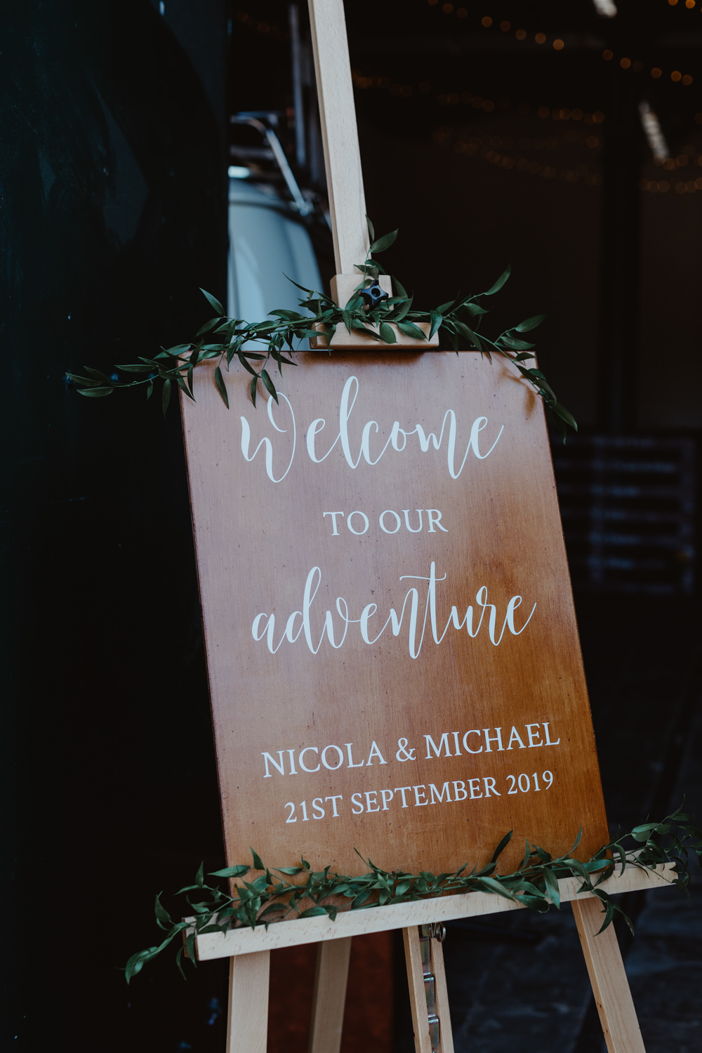 Wooden Welcome Sign Signs Signage Arches Dean Clough Wedding Stevie Jay Photography