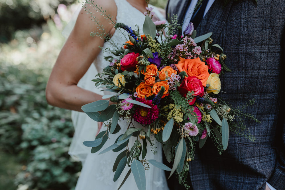 Bouquet Flowers Bride Bridal Orange Rose Greenery Foliage Purple Arches Dean Clough Wedding Stevie Jay Photography