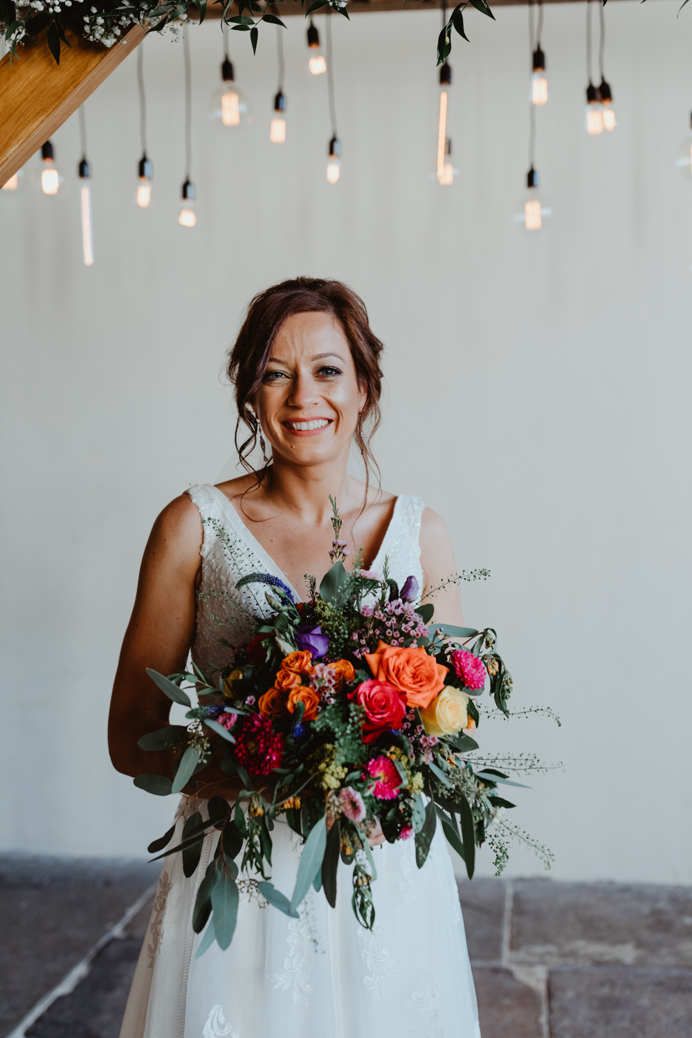 Bouquet Flowers Bride Bridal Orange Rose Greenery Foliage Purple Arches Dean Clough Wedding Stevie Jay Photography