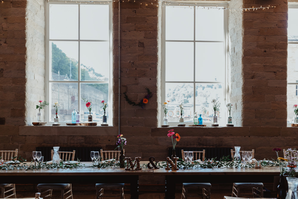 Table Decor Centrepiece Flowesr Bottle Flowers Arches Dean Clough Wedding Stevie Jay Photography