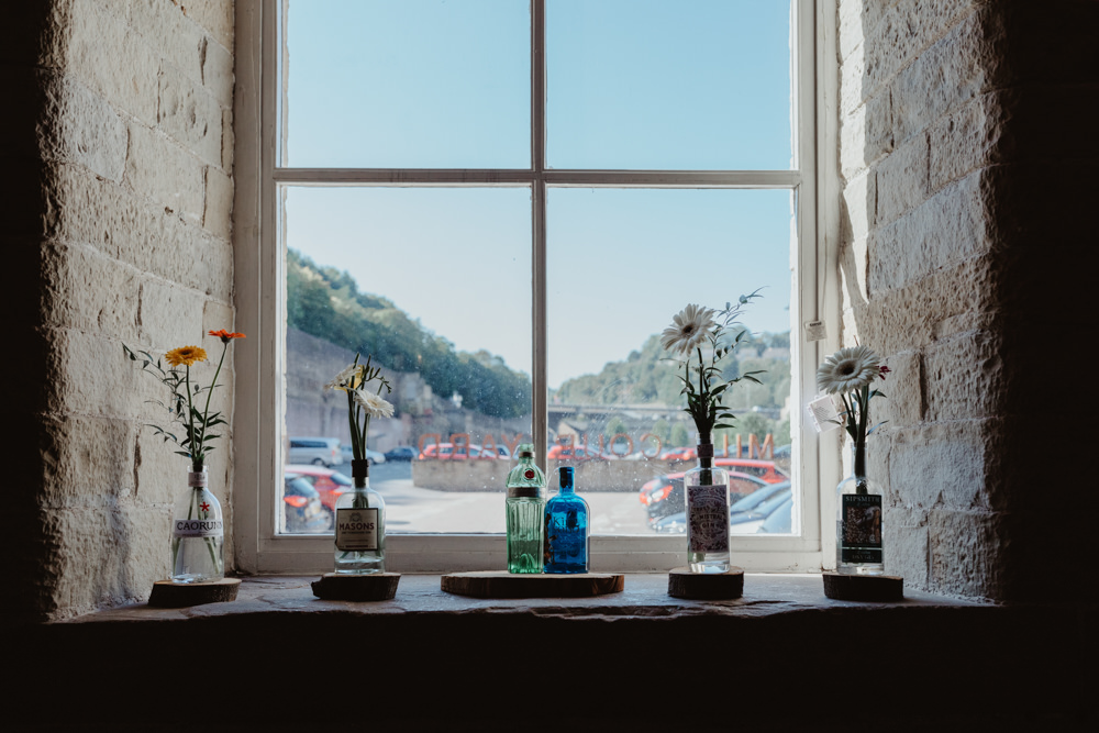 Table Decor Centrepiece Flowesr Bottle Flowers Windowcill Arches Dean Clough Wedding Stevie Jay Photography