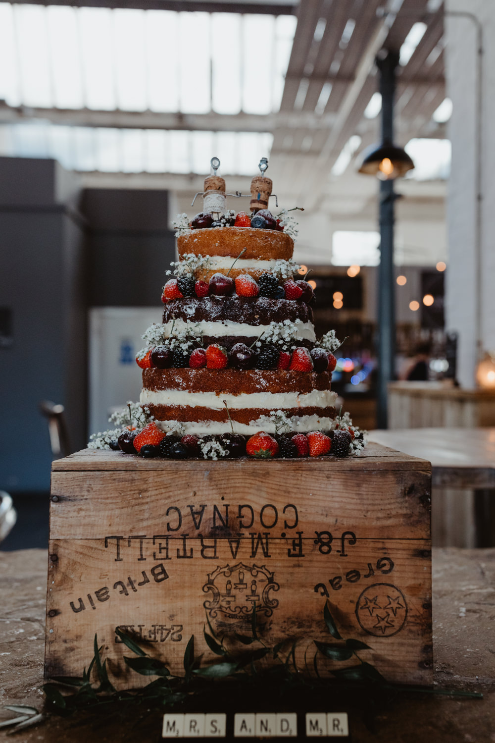 Naked Cake Berries Flowers Topper Box Crate Stand Sponge Layer Arches Dean Clough Wedding Stevie Jay Photography