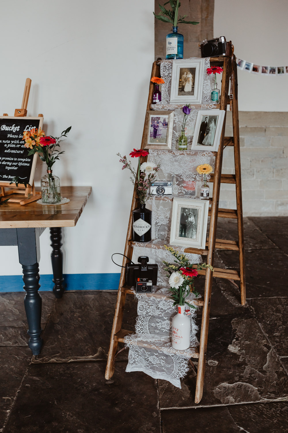 Wooden Ladder Decor Flowers Photographs Arches Dean Clough Wedding Stevie Jay Photography