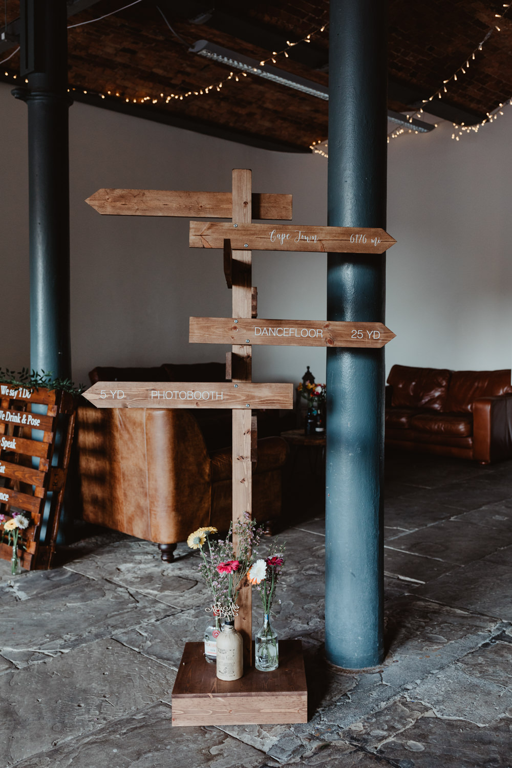 Wooden Signpost Sign Signs Signage Arches Dean Clough Wedding Stevie Jay Photography