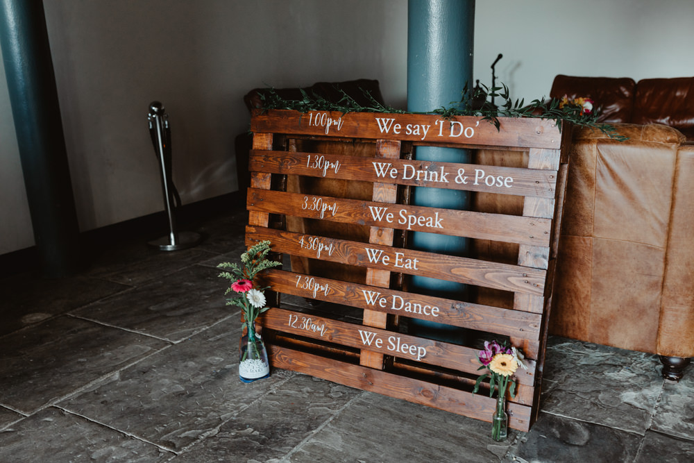 Wooden Pallet Sign Signs Signage Arches Dean Clough Wedding Stevie Jay Photography