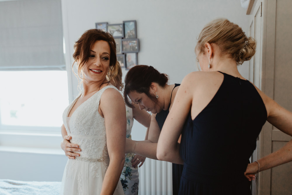 Dress Gown Bride Bridal Low Black Lace Veil Tulle Arches Dean Clough Wedding Stevie Jay Photography