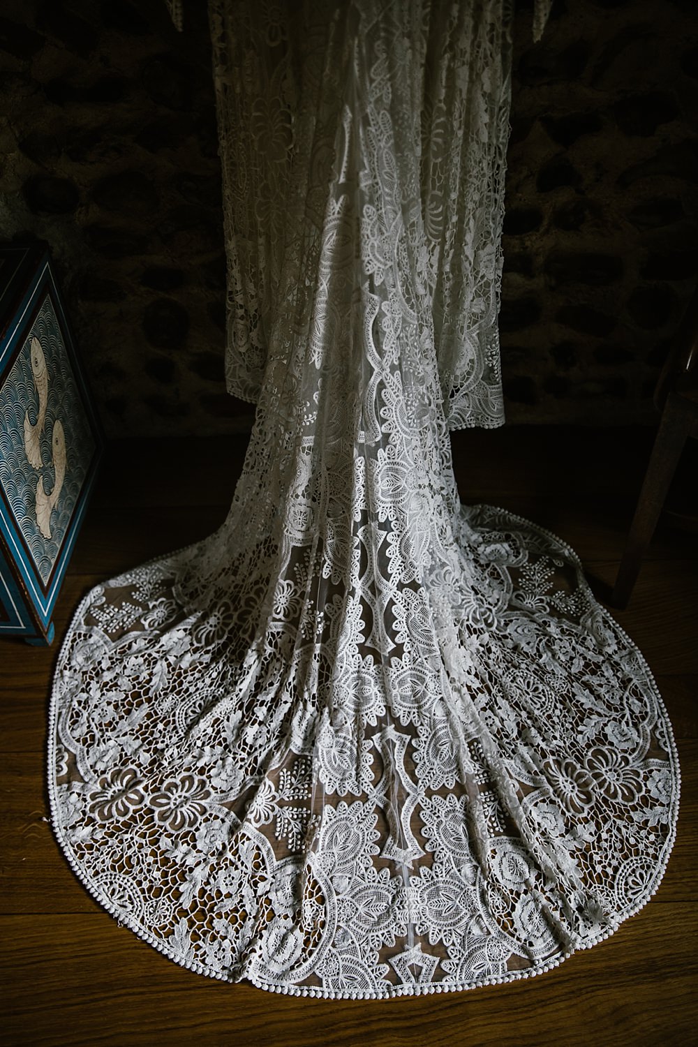 Dress Gown Bride Bridal Rue Du Seine Sia Lace Sleeves Train Boho Bohemian Chaucer Barn Wedding Katherine Ashdown Photography