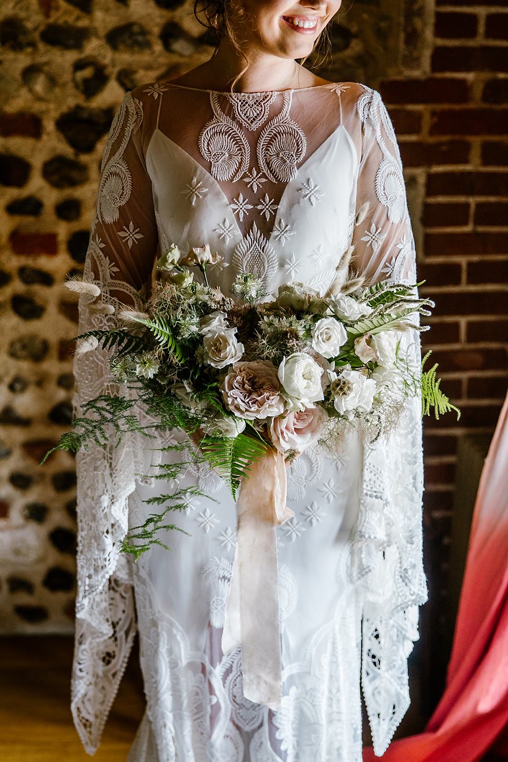 Bouquet Flowers Bride Bridal Blush Rose Fern Ribbon Dress Gown Bride Bridal Rue Du Seine Sia Lace Sleeves Train Boho Bohemian Chaucer Barn Wedding Katherine Ashdown Photography