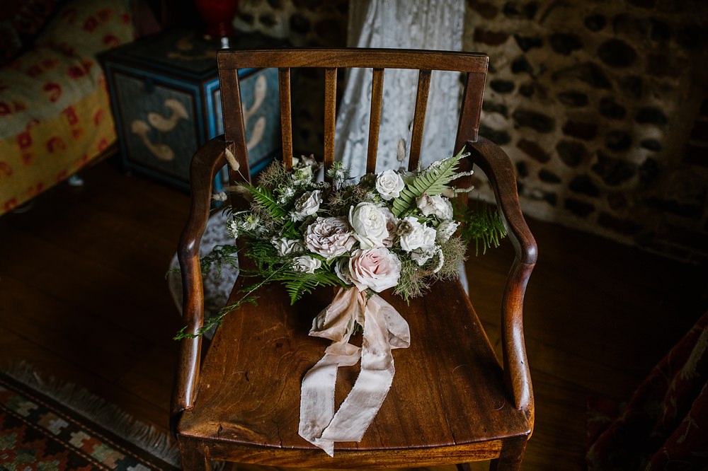 Bouquet Flowers Bride Bridal Blush Rose Fern Ribbon Chaucer Barn Wedding Katherine Ashdown Photography