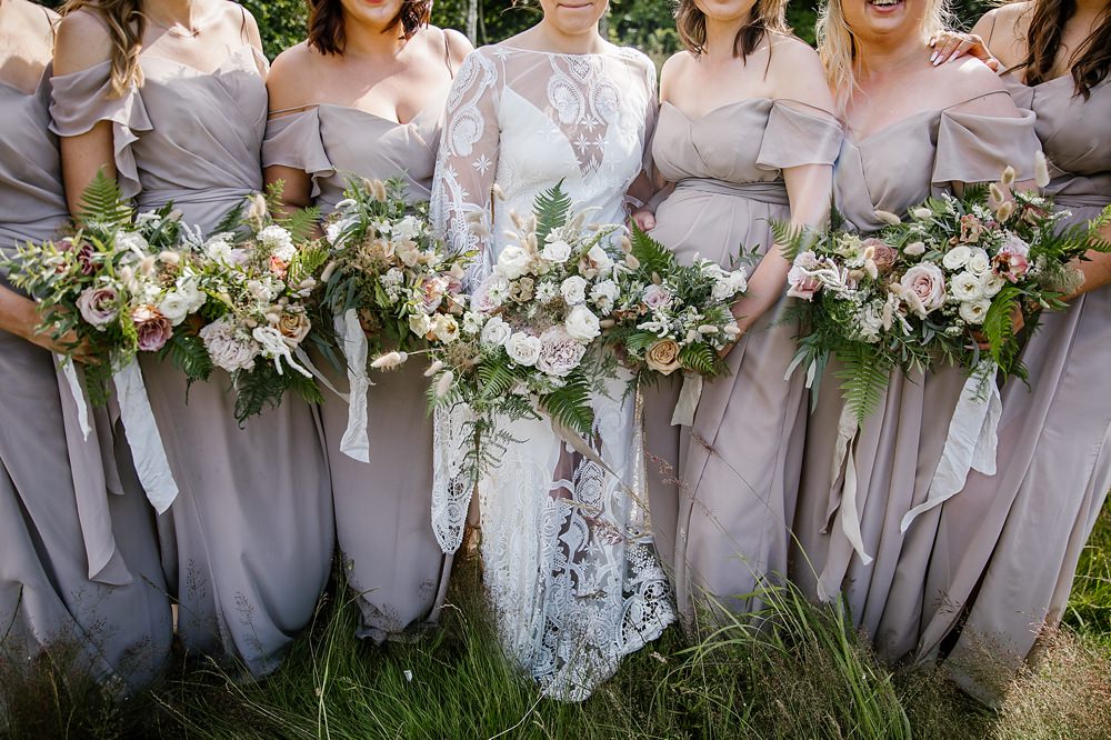 Bouquet Flowers Bride Bridal Blush Rose Fern Ribbon Bridesmaids Chaucer Barn Wedding Katherine Ashdown Photography