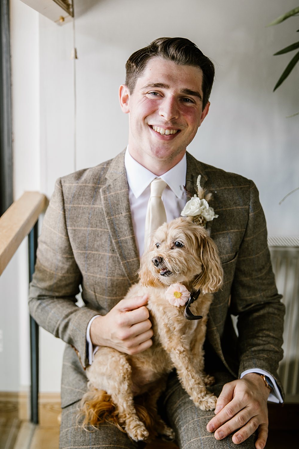 Groom Suit Check Blush Pink Tie Dog Pet Chaucer Barn Wedding Katherine Ashdown Photography