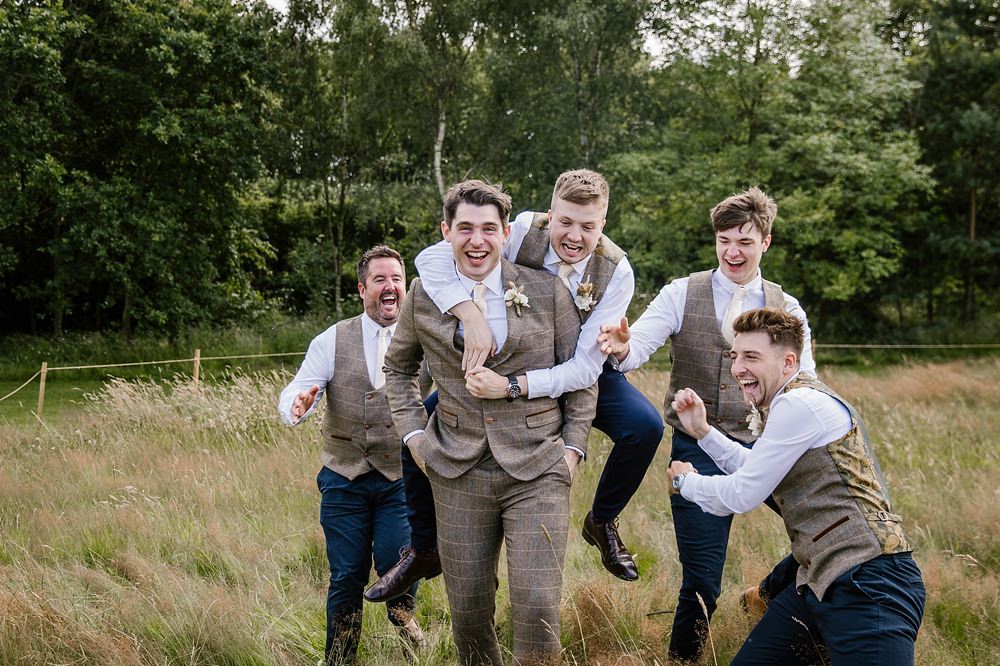 Groom Suit Check Blush Pink Tie Groomsmen Chaucer Barn Wedding Katherine Ashdown Photography