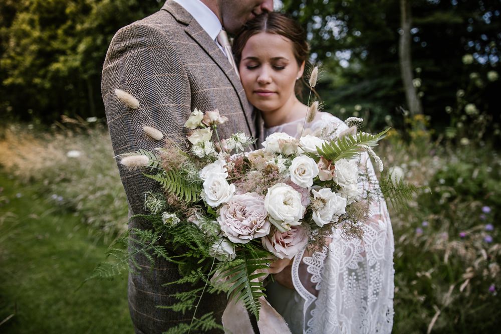 Bouquet Flowers Bride Bridal Blush Rose Fern Ribbon Chaucer Barn Wedding Katherine Ashdown Photography