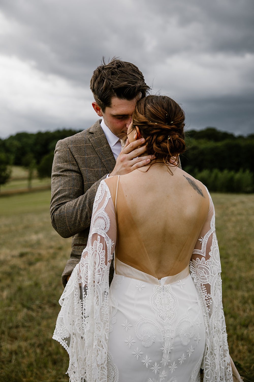 Dress Gown Bride Bridal Rue Du Seine Sia Lace Sleeves Train Boho Bohemian Chaucer Barn Wedding Katherine Ashdown Photography
