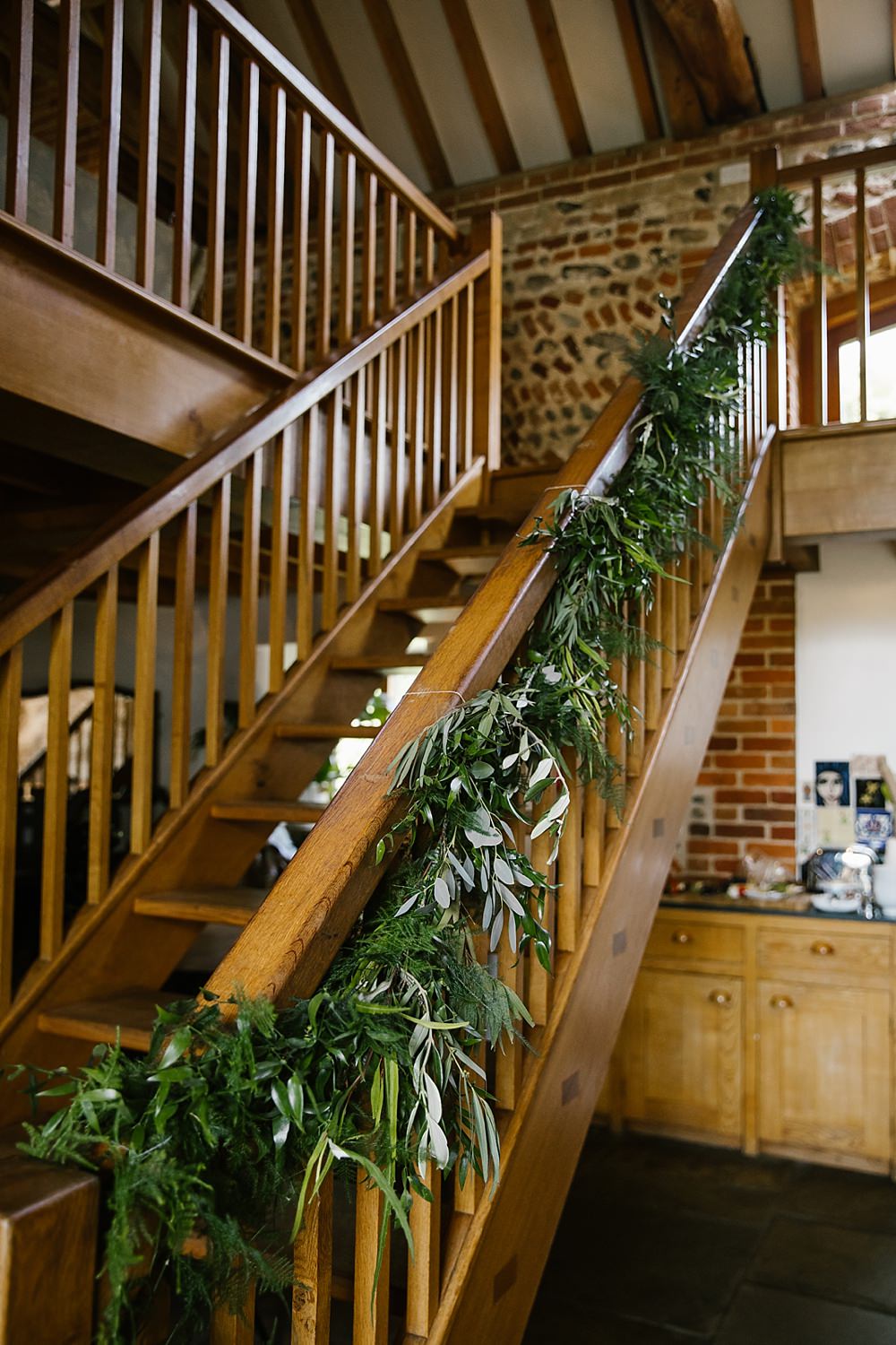 Greenery Foliage Staircase Chaucer Barn Wedding Katherine Ashdown Photography