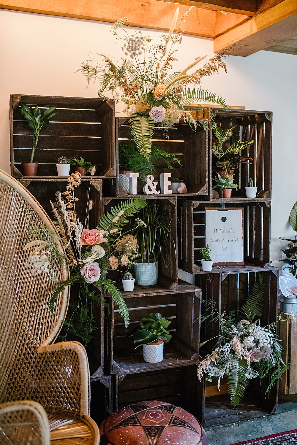 Photo Booth Wooden Crates Decor Flowers Peacock Chair Chaucer Barn Wedding Katherine Ashdown Photography