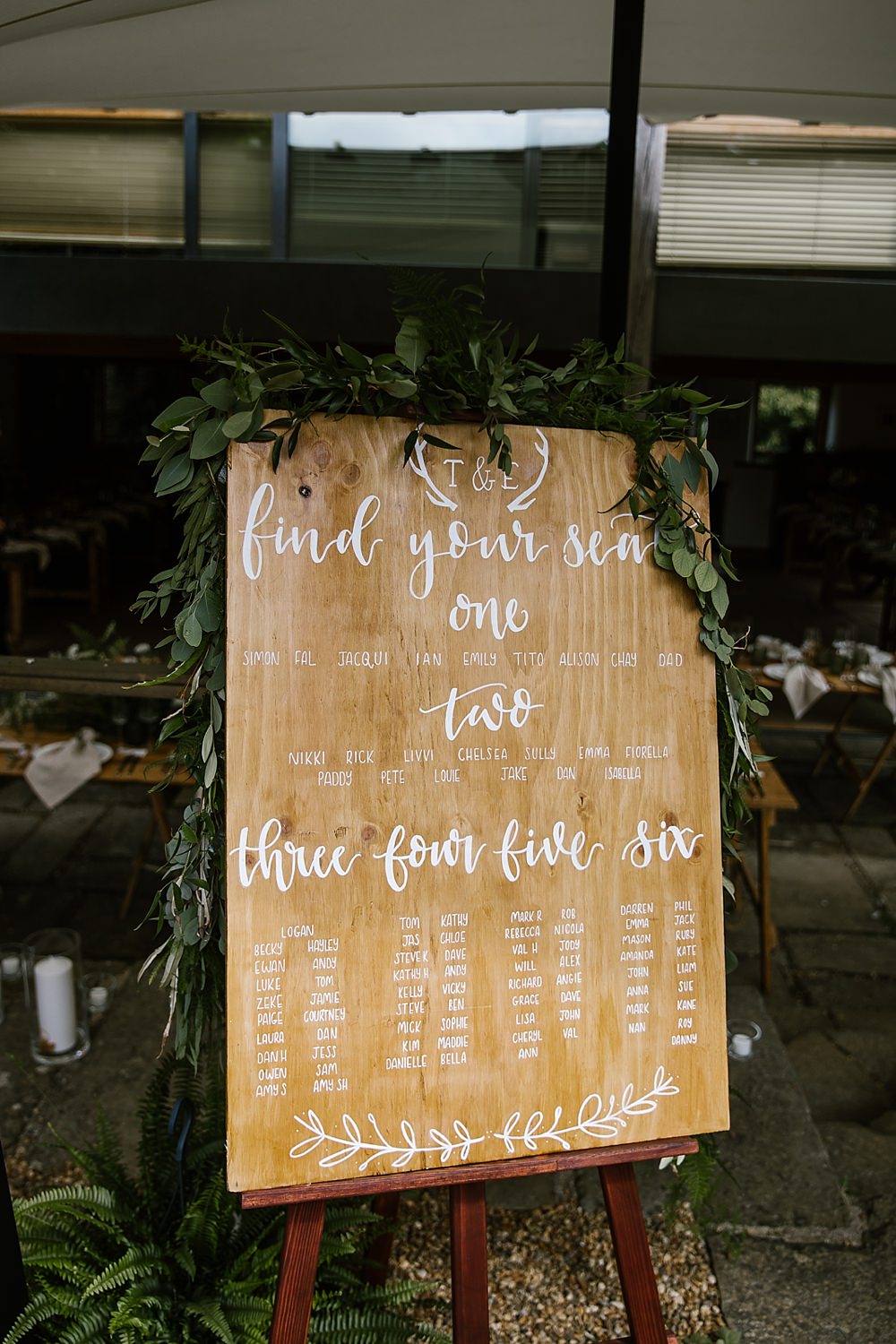 Table Plan Seating Chart Wooden Greenery Calligraphy Chaucer Barn Wedding Katherine Ashdown Photography