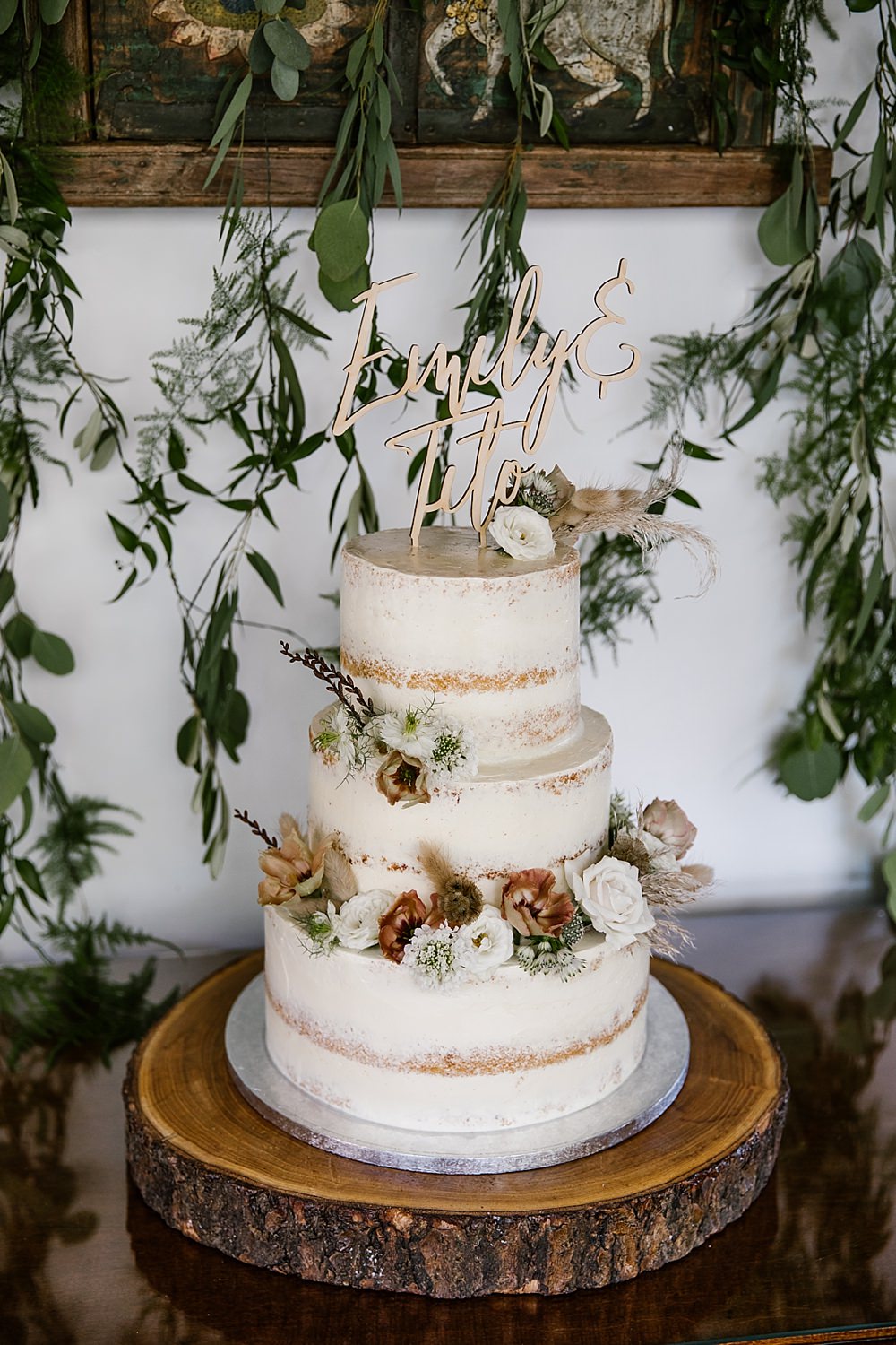 Semi Naked Cake Flowers Wooden Laser Cut Topper Chaucer Barn Wedding Katherine Ashdown Photography