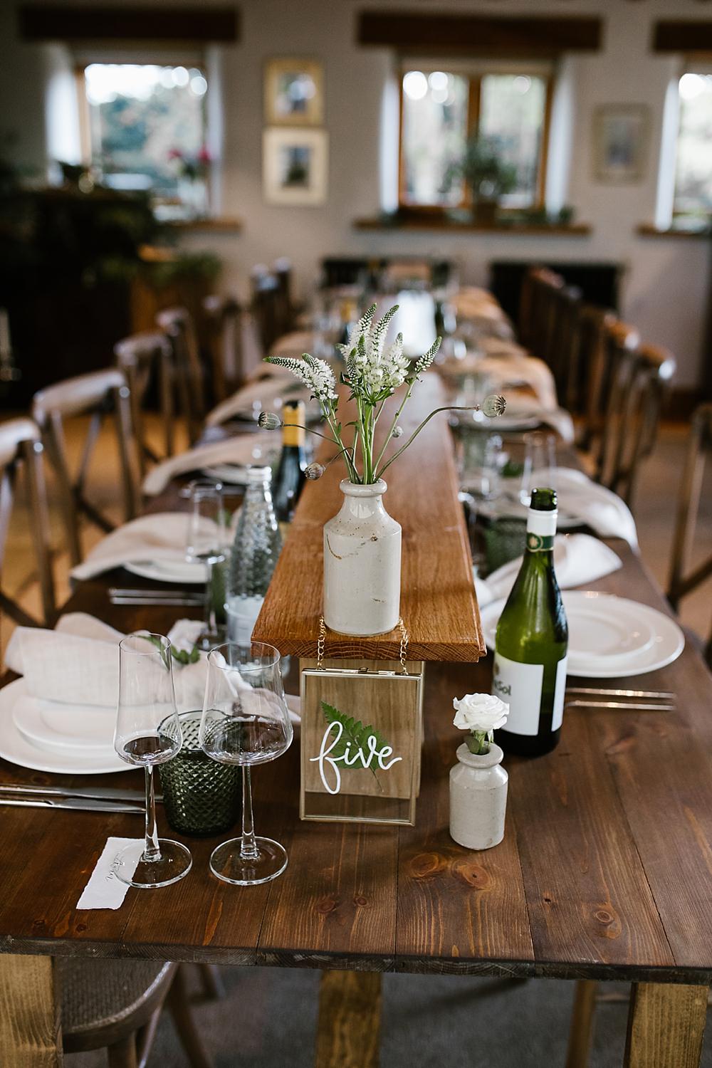 Long Wooden Tables Decor Bottle Flowers Chaucer Barn Wedding Katherine Ashdown Photography
