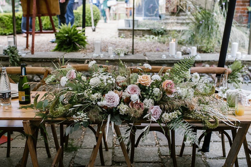 Top Table Flowers Blush Rose Greenery Chaucer Barn Wedding Katherine Ashdown Photography