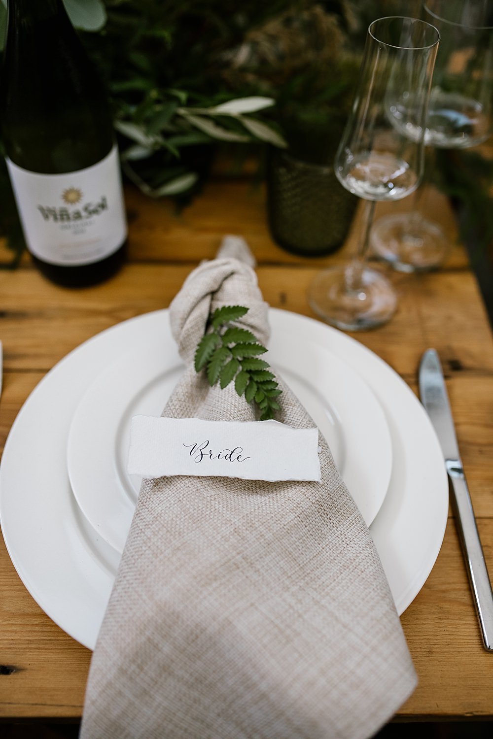 Linen Napkin Place Setting Fern Calligraphy Chaucer Barn Wedding Katherine Ashdown Photography